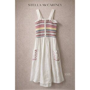 Stella McCartney Kids Smocked Cotton Dress White Embroidered Girls 14 Womens 4